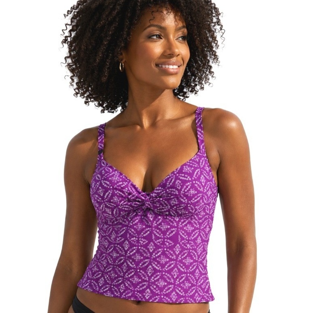 Lands End Sz 8 Twist Front Underwire Purple Tankini Swim Top Built In Bra Beach